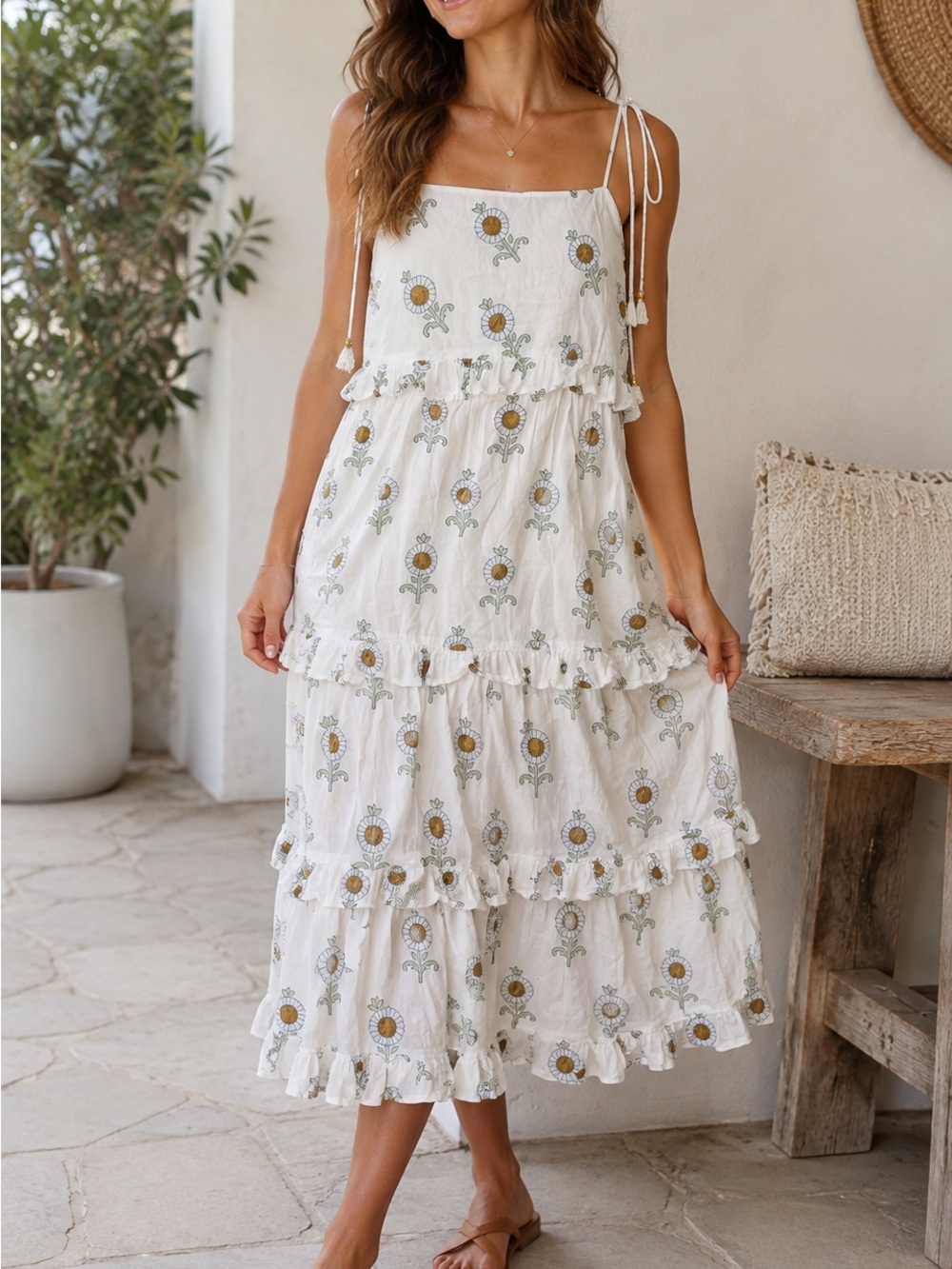 Oliphant Sunflower Tiered Midi Dress Large White Cotton Tie Strap Boho